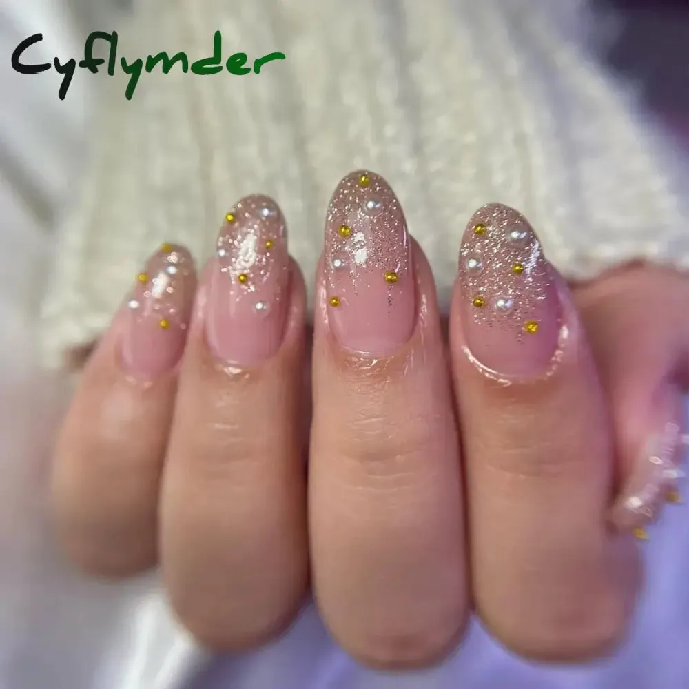 Cyflymder 24Pcs Mid-length Almond Ballet False Nails Simple Cat Eye Design Press on Fake Nail Wearable Full Cover Nail Tips Manicure Tools