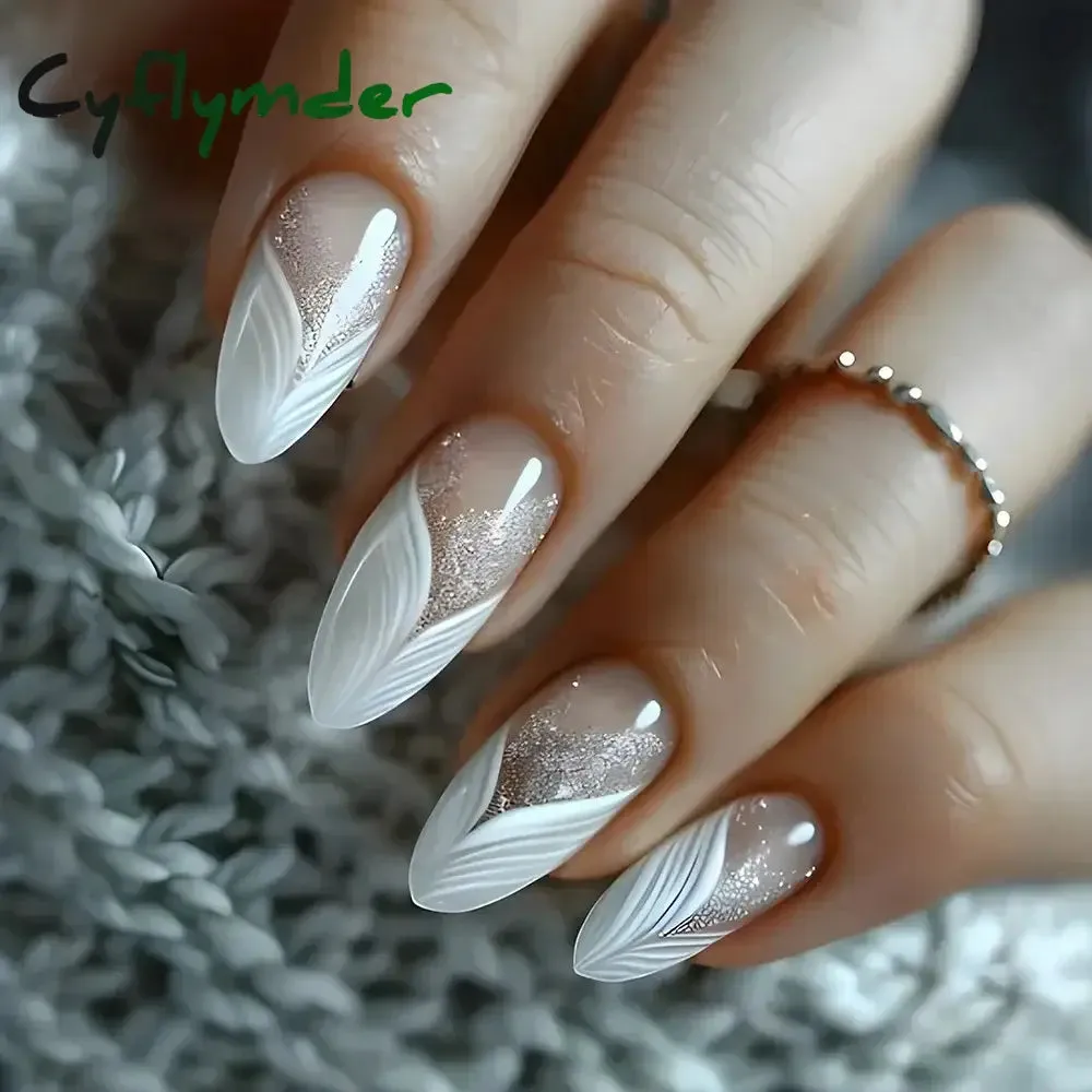 Cyflymder 24Pcs Mid-length Almond Ballet False Nails Simple Cat Eye Design Press on Fake Nail Wearable Full Cover Nail Tips Manicure Tools