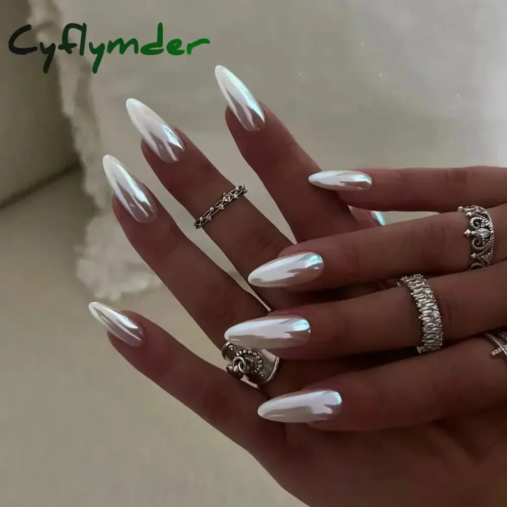 Cyflymder 24Pcs Mid-length Almond Ballet False Nails Simple Cat Eye Design Press on Fake Nail Wearable Full Cover Nail Tips Manicure Tools