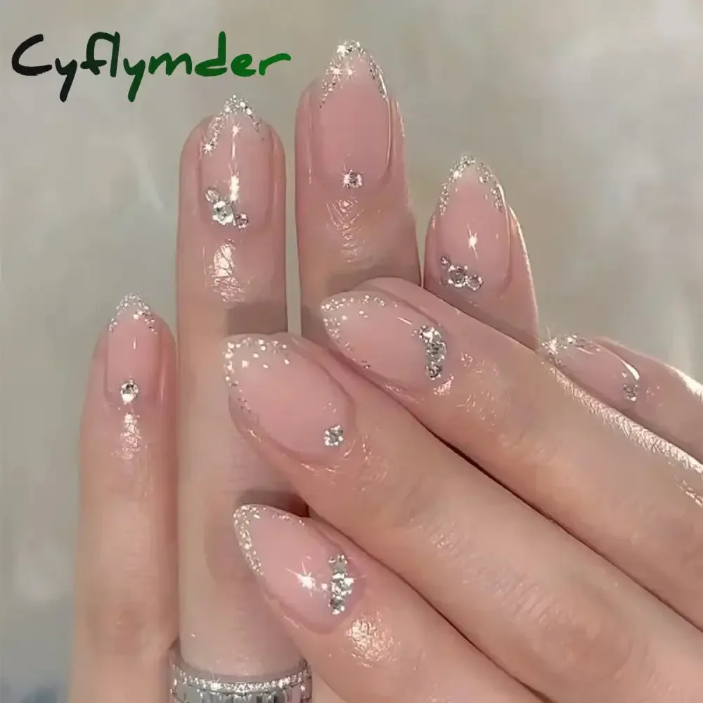 Cyflymder 24Pcs Mid-length Almond Ballet False Nails Simple Cat Eye Design Press on Fake Nail Wearable Full Cover Nail Tips Manicure Tools