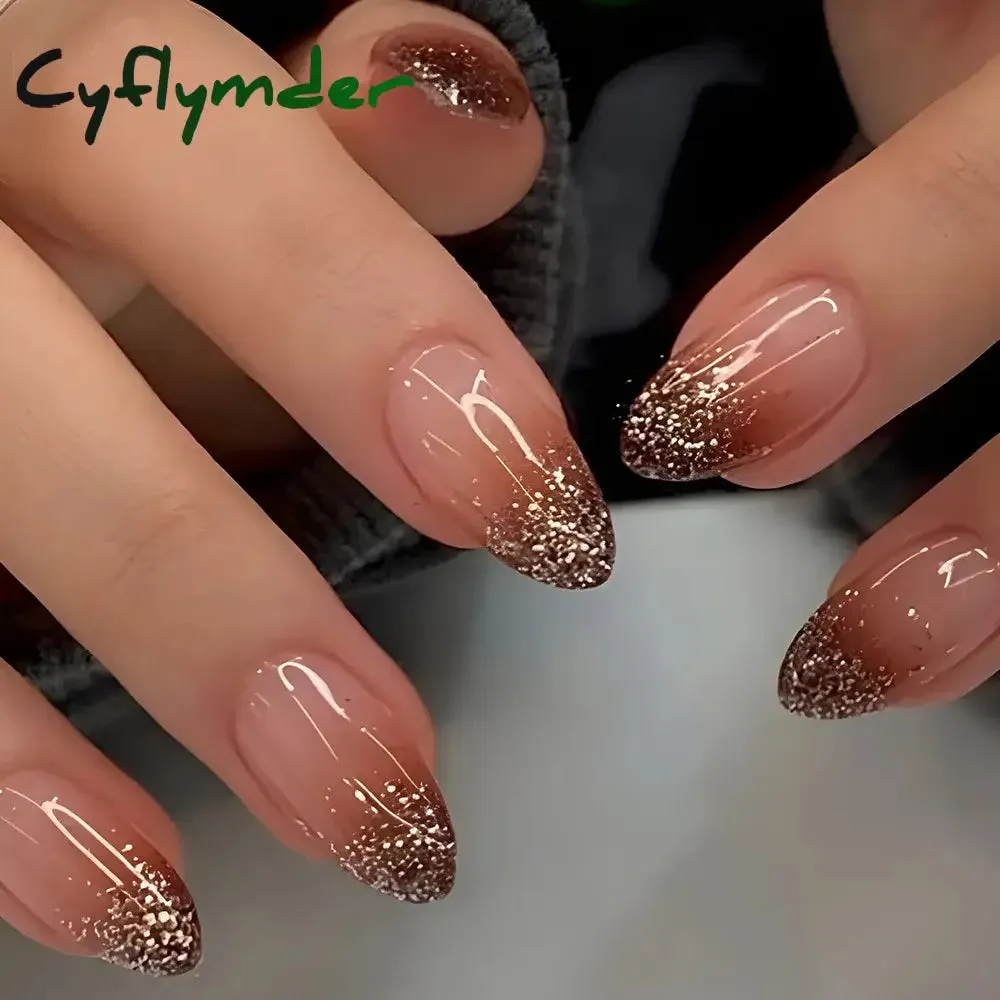 Cyflymder 24Pcs Mid-length Almond Ballet False Nails Simple Cat Eye Design Press on Fake Nail Wearable Full Cover Nail Tips Manicure Tools