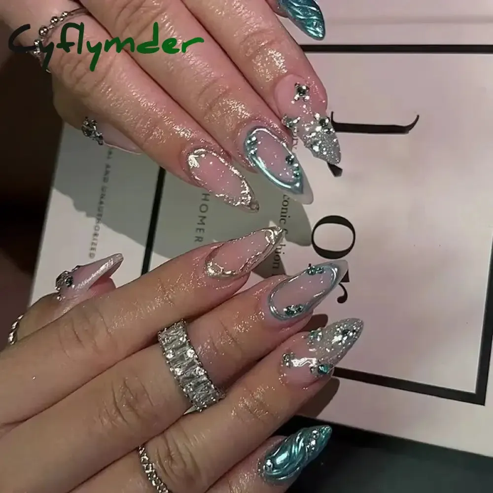 Cyflymder 24Pcs Mid-length Almond Ballet False Nails Simple Cat Eye Design Press on Fake Nail Wearable Full Cover Nail Tips Manicure Tools