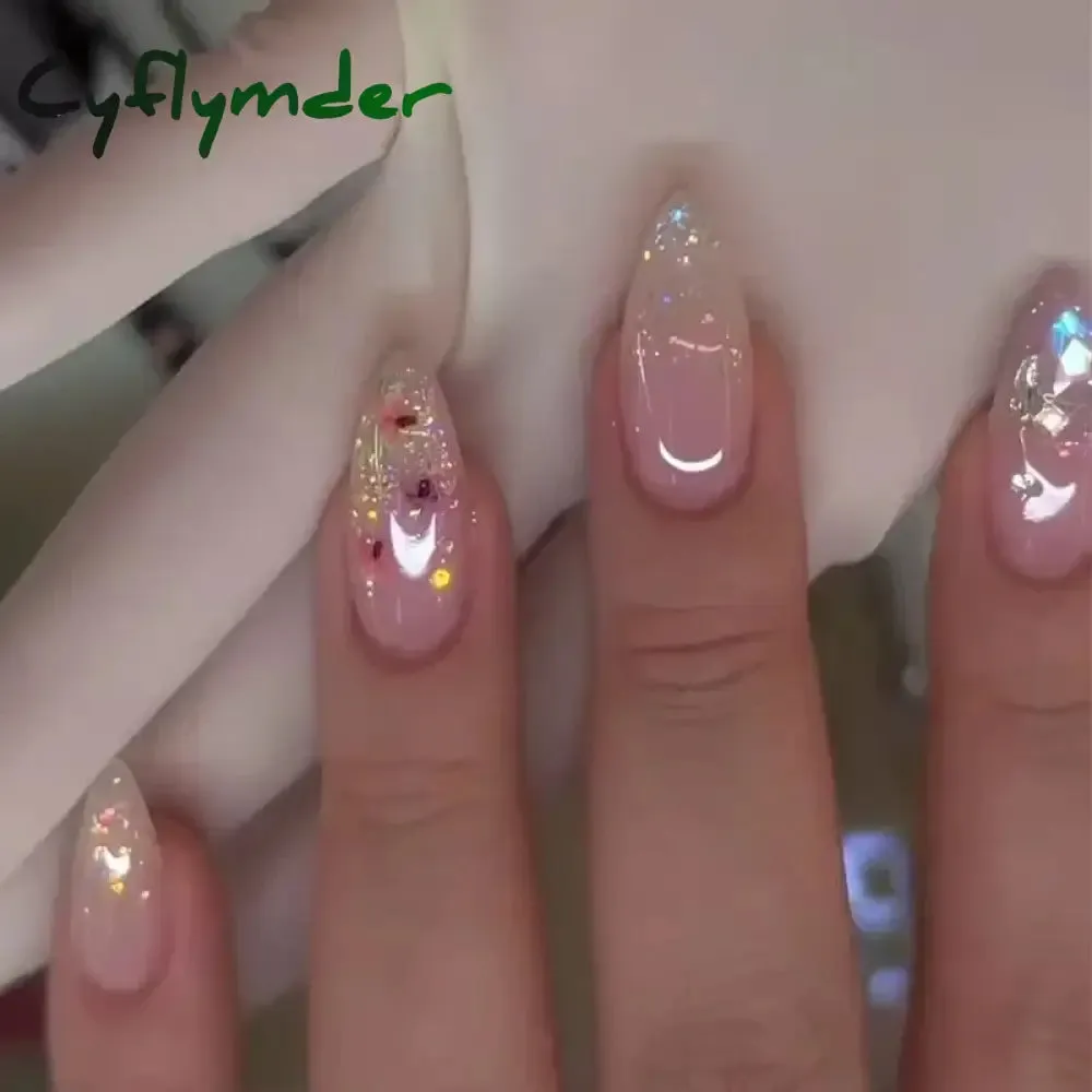 Cyflymder 24Pcs Mid-length Almond Ballet False Nails Simple Cat Eye Design Press on Fake Nail Wearable Full Cover Nail Tips Manicure Tools