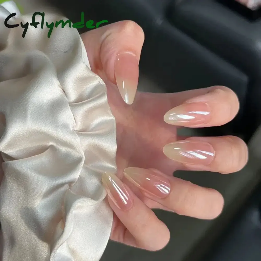Cyflymder 24Pcs Mid-length Almond Ballet False Nails Simple Cat Eye Design Press on Fake Nail Wearable Full Cover Nail Tips Manicure Tools