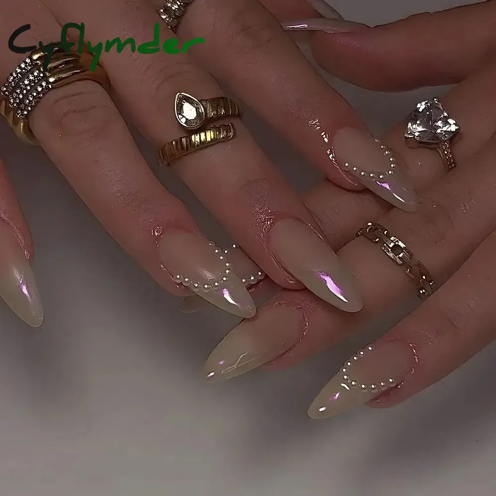 Cyflymder 24Pcs Mid-length Almond Ballet False Nails Simple Cat Eye Design Press on Fake Nail Wearable Full Cover Nail Tips Manicure Tools
