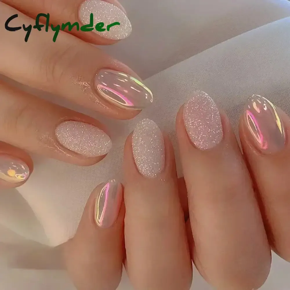 Cyflymder 24Pcs Mid-length Almond Ballet False Nails Simple Cat Eye Design Press on Fake Nail Wearable Full Cover Nail Tips Manicure Tools