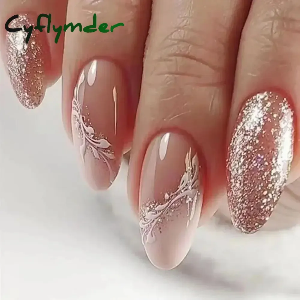 Cyflymder 24Pcs Mid-length Almond Ballet False Nails Simple Cat Eye Design Press on Fake Nail Wearable Full Cover Nail Tips Manicure Tools