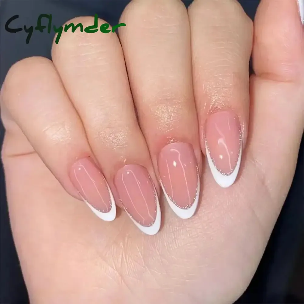 Cyflymder 24Pcs Mid-length Almond Ballet False Nails Simple Cat Eye Design Press on Fake Nail Wearable Full Cover Nail Tips Manicure Tools