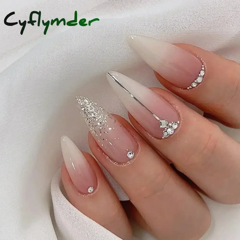 Cyflymder 24Pcs Mid-length Almond Ballet False Nails Simple Cat Eye Design Press on Fake Nail Wearable Full Cover Nail Tips Manicure Tools