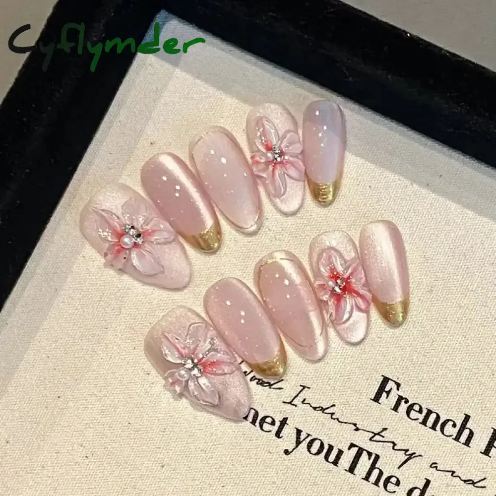 Cyflymder 24Pcs Mid-length Almond Ballet False Nails Simple Cat Eye Design Press on Fake Nail Wearable Full Cover Nail Tips Manicure Tools