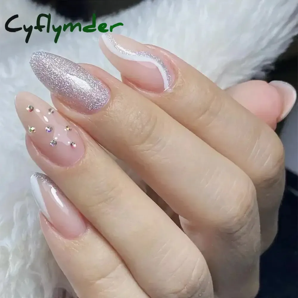 Cyflymder 24Pcs Mid-length Almond Ballet False Nails Simple Cat Eye Design Press on Fake Nail Wearable Full Cover Nail Tips Manicure Tools