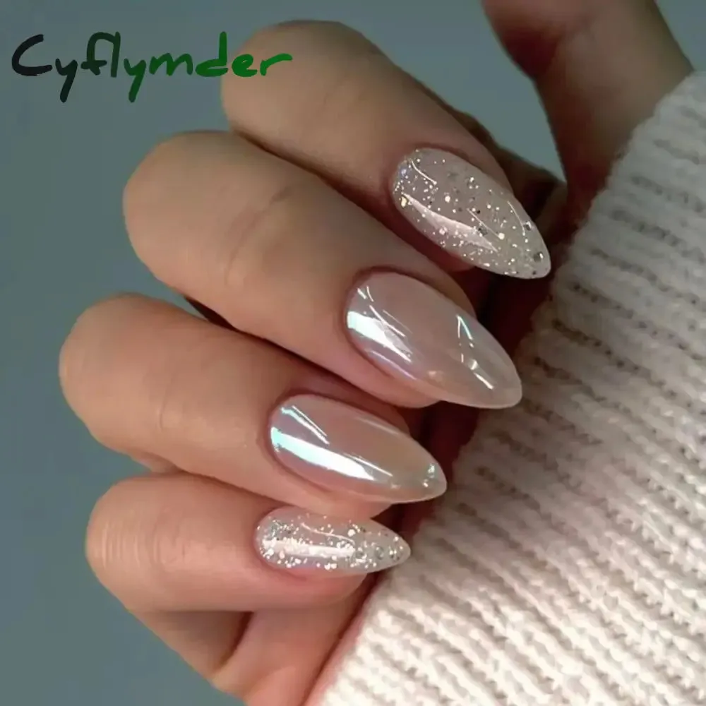 Cyflymder 24Pcs Mid-length Almond Ballet False Nails Simple Cat Eye Design Press on Fake Nail Wearable Full Cover Nail Tips Manicure Tools