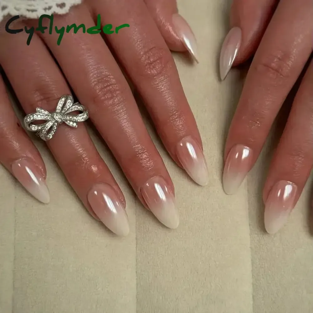 Cyflymder 24Pcs Mid-length Almond Ballet False Nails Simple Cat Eye Design Press on Fake Nail Wearable Full Cover Nail Tips Manicure Tools