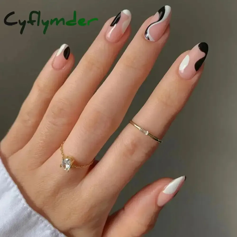 Cyflymder 24Pcs/Set Fake Nails With Glue Full Cover Nail Tips Press On Med Nails DIY Manicure Oval Head False Nails Pink Almond Artificial