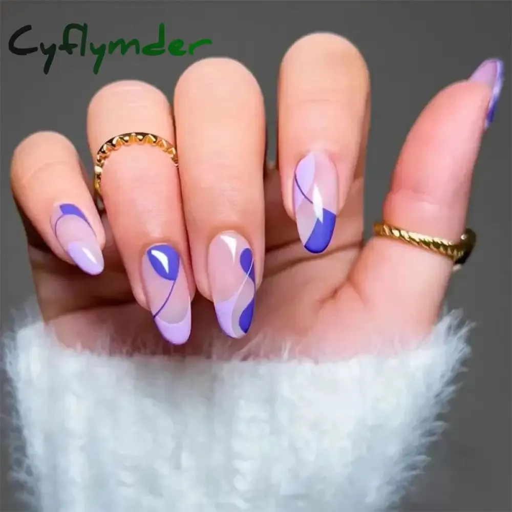 Cyflymder 24Pcs/Set Fake Nails With Glue Full Cover Nail Tips Press On Med Nails DIY Manicure Oval Head False Nails Pink Almond Artificial