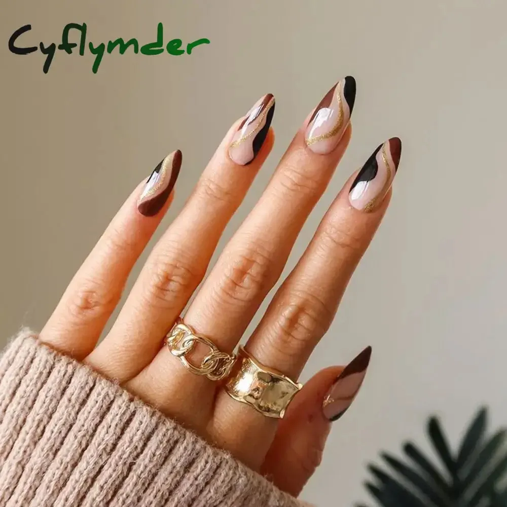 Cyflymder 24Pcs/Set Fake Nails With Glue Full Cover Nail Tips Press On Med Nails DIY Manicure Oval Head False Nails Pink Almond Artificial