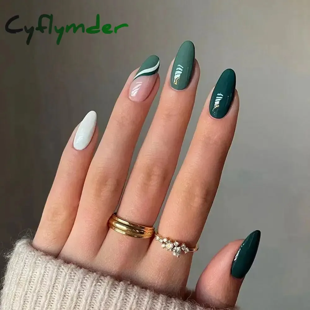 Cyflymder 24Pcs/Set Fake Nails With Glue Full Cover Nail Tips Press On Med Nails DIY Manicure Oval Head False Nails Pink Almond Artificial