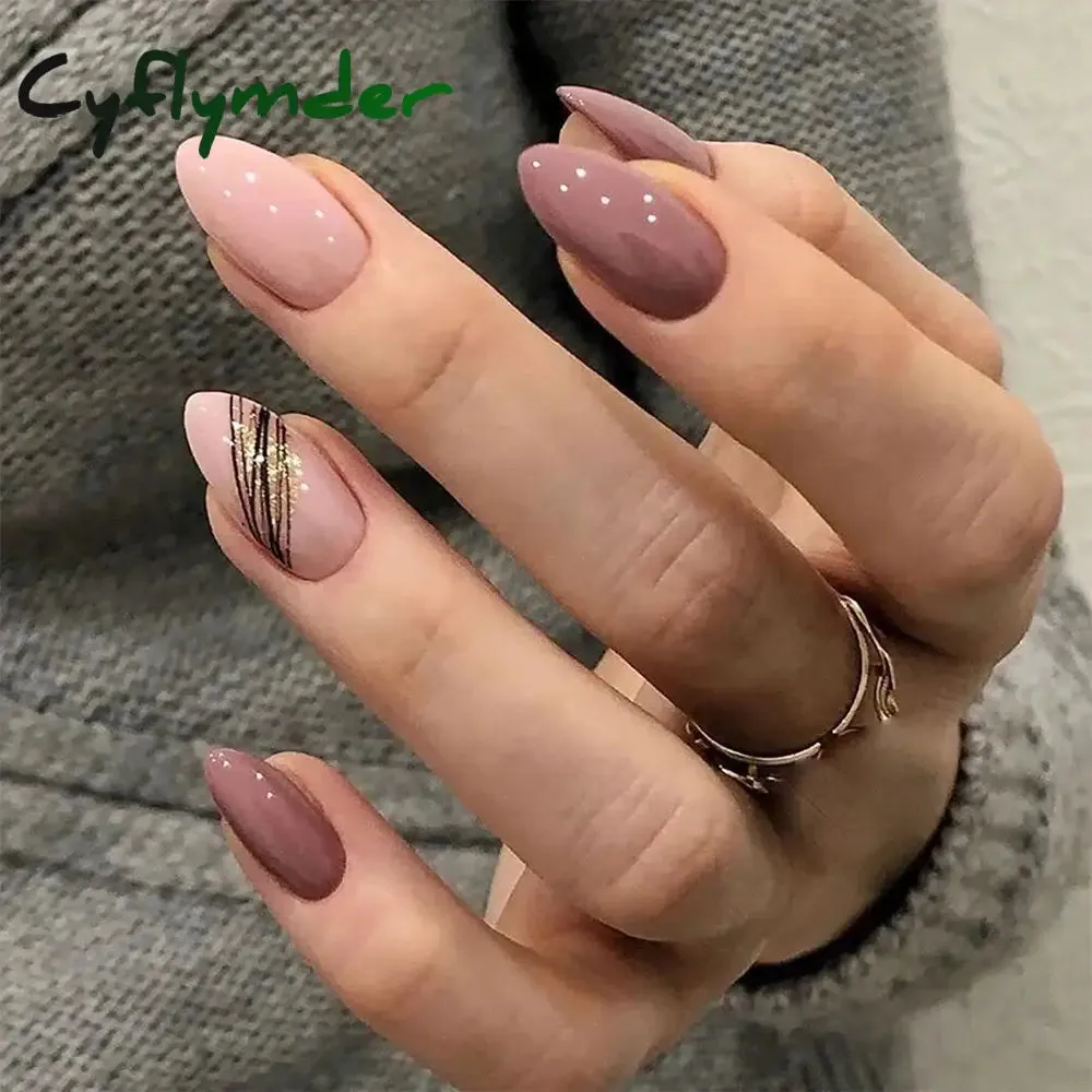 Cyflymder 24Pcs/Set Fake Nails With Glue Full Cover Nail Tips Press On Med Nails DIY Manicure Oval Head False Nails Pink Almond Artificial