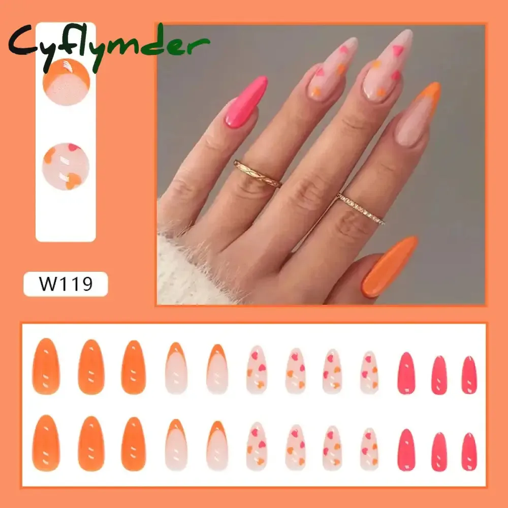 Cyflymder 24Pcs/Set Fake Nails With Glue Full Cover Nail Tips Press On Med Nails DIY Manicure Oval Head False Nails Pink Almond Artificial