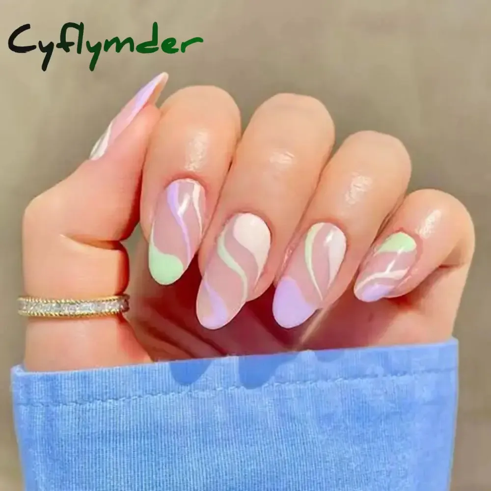Cyflymder 24Pcs/Set Fake Nails With Glue Full Cover Nail Tips Press On Med Nails DIY Manicure Oval Head False Nails Pink Almond Artificial