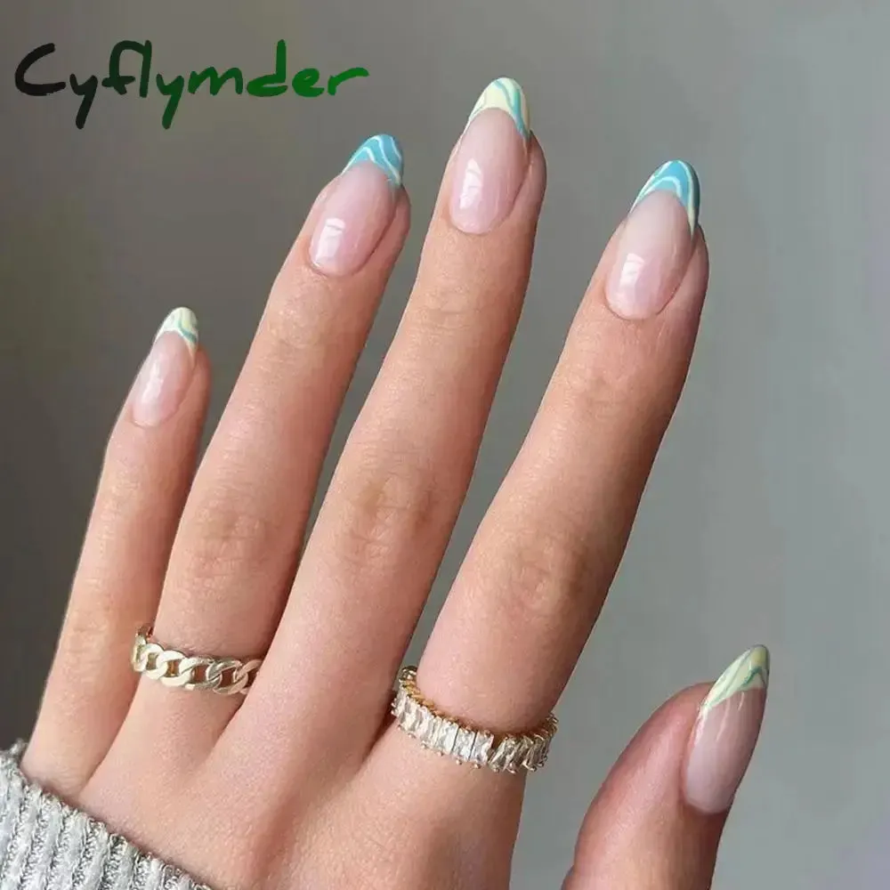 Cyflymder 24Pcs/Set Fake Nails With Glue Full Cover Nail Tips Press On Med Nails DIY Manicure Oval Head False Nails Pink Almond Artificial