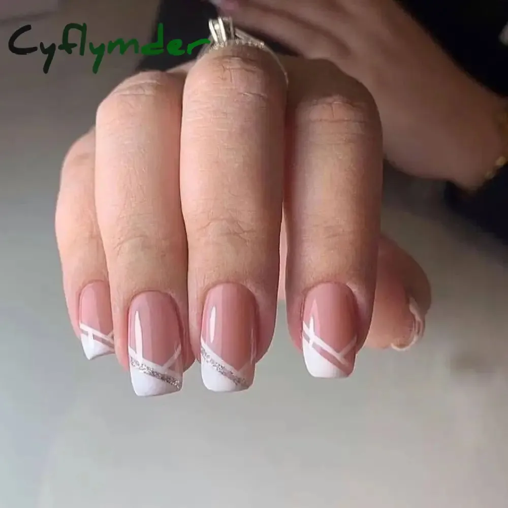 Cyflymder 24Pcs/Set Fake Nails With Glue Full Cover Nail Tips Press On Med Nails DIY Manicure Oval Head False Nails Pink Almond Artificial