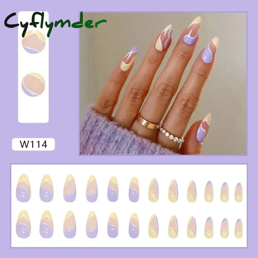 Cyflymder 24Pcs/Set Fake Nails With Glue Full Cover Nail Tips Press On Med Nails DIY Manicure Oval Head False Nails Pink Almond Artificial