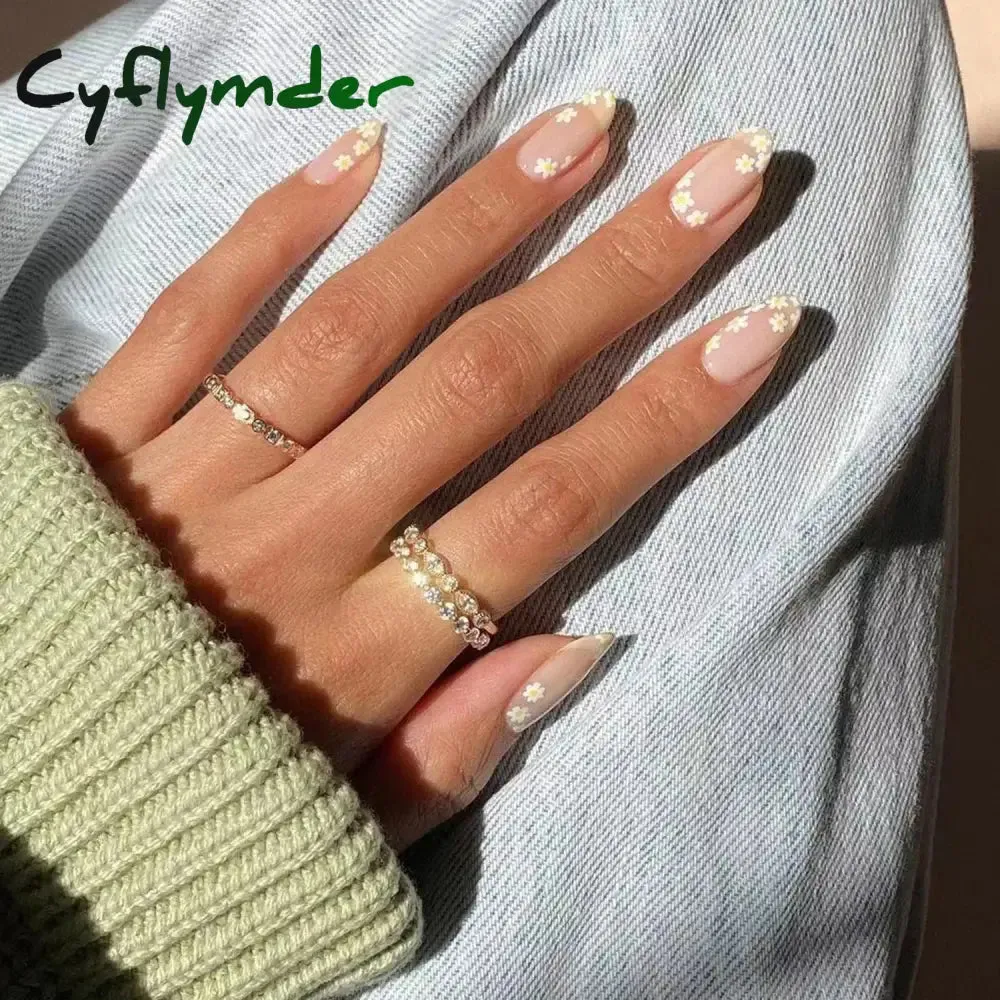 Cyflymder 24Pcs/Set Fake Nails With Glue Full Cover Nail Tips Press On Med Nails DIY Manicure Oval Head False Nails Pink Almond Artificial