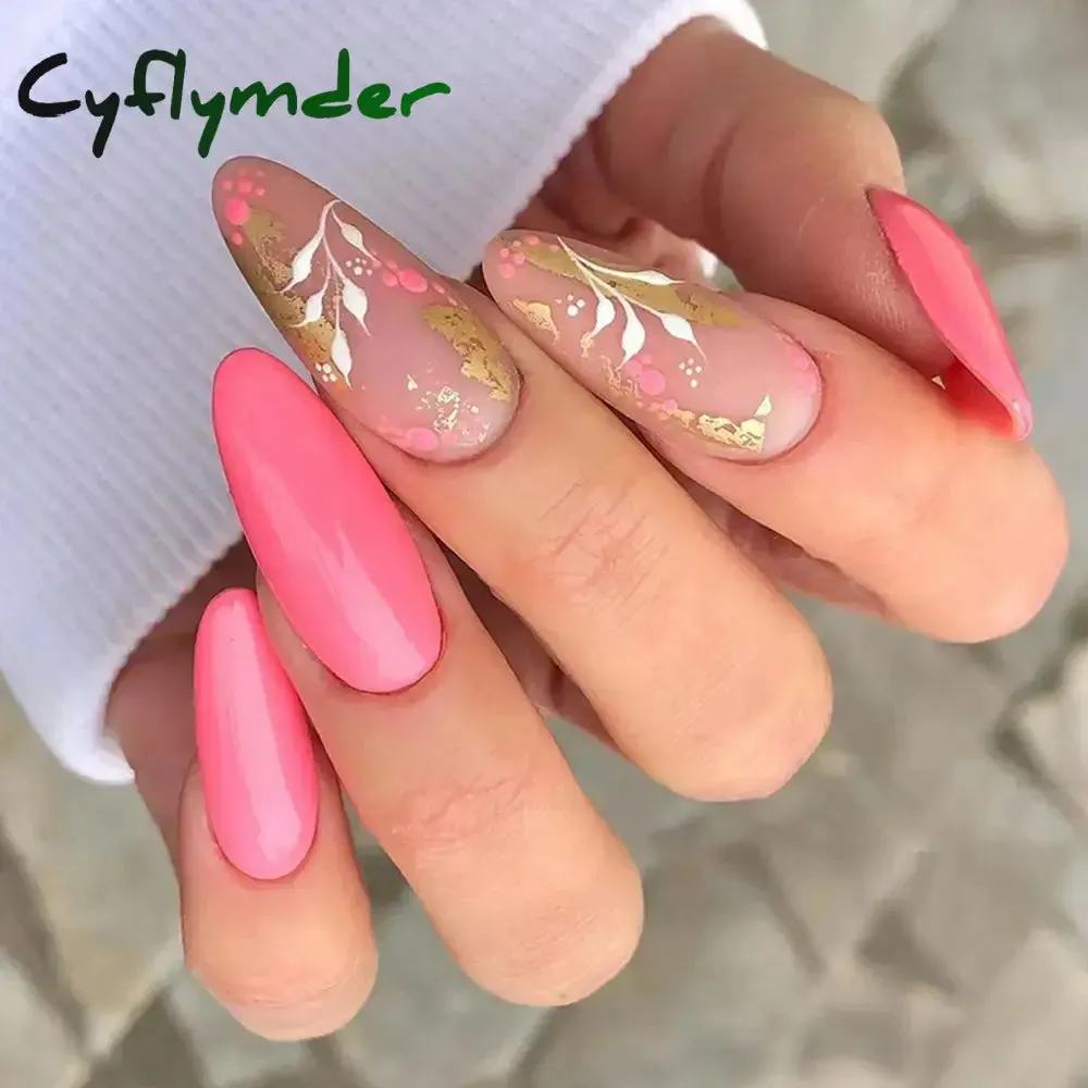 Cyflymder 24Pcs/Set Fake Nails With Glue Full Cover Nail Tips Press On Med Nails DIY Manicure Oval Head False Nails Pink Almond Artificial