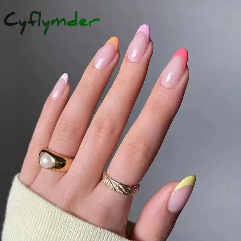 Cyflymder 24Pcs/Set Fake Nails With Glue Full Cover Nail Tips Press On Med Nails DIY Manicure Oval Head False Nails Pink Almond Artificial