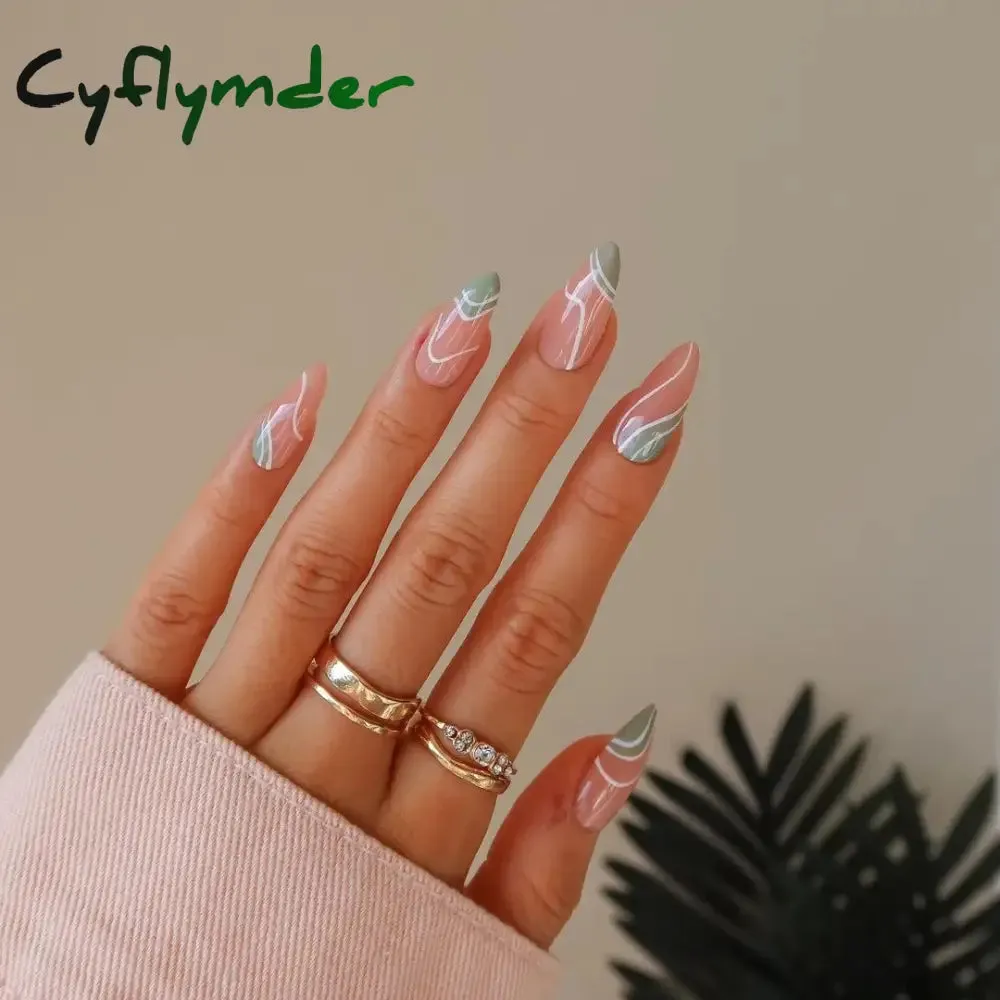 Cyflymder 24Pcs/Set Fake Nails With Glue Full Cover Nail Tips Press On Med Nails DIY Manicure Oval Head False Nails Pink Almond Artificial
