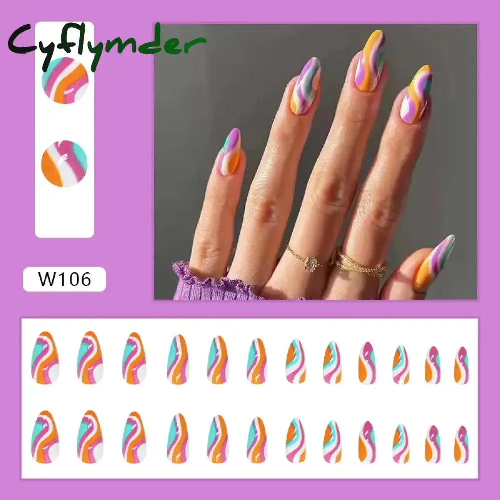 Cyflymder 24Pcs/Set Fake Nails With Glue Full Cover Nail Tips Press On Med Nails DIY Manicure Oval Head False Nails Pink Almond Artificial