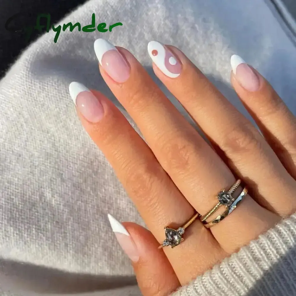 Cyflymder 24Pcs/Set Fake Nails With Glue Full Cover Nail Tips Press On Med Nails DIY Manicure Oval Head False Nails Pink Almond Artificial