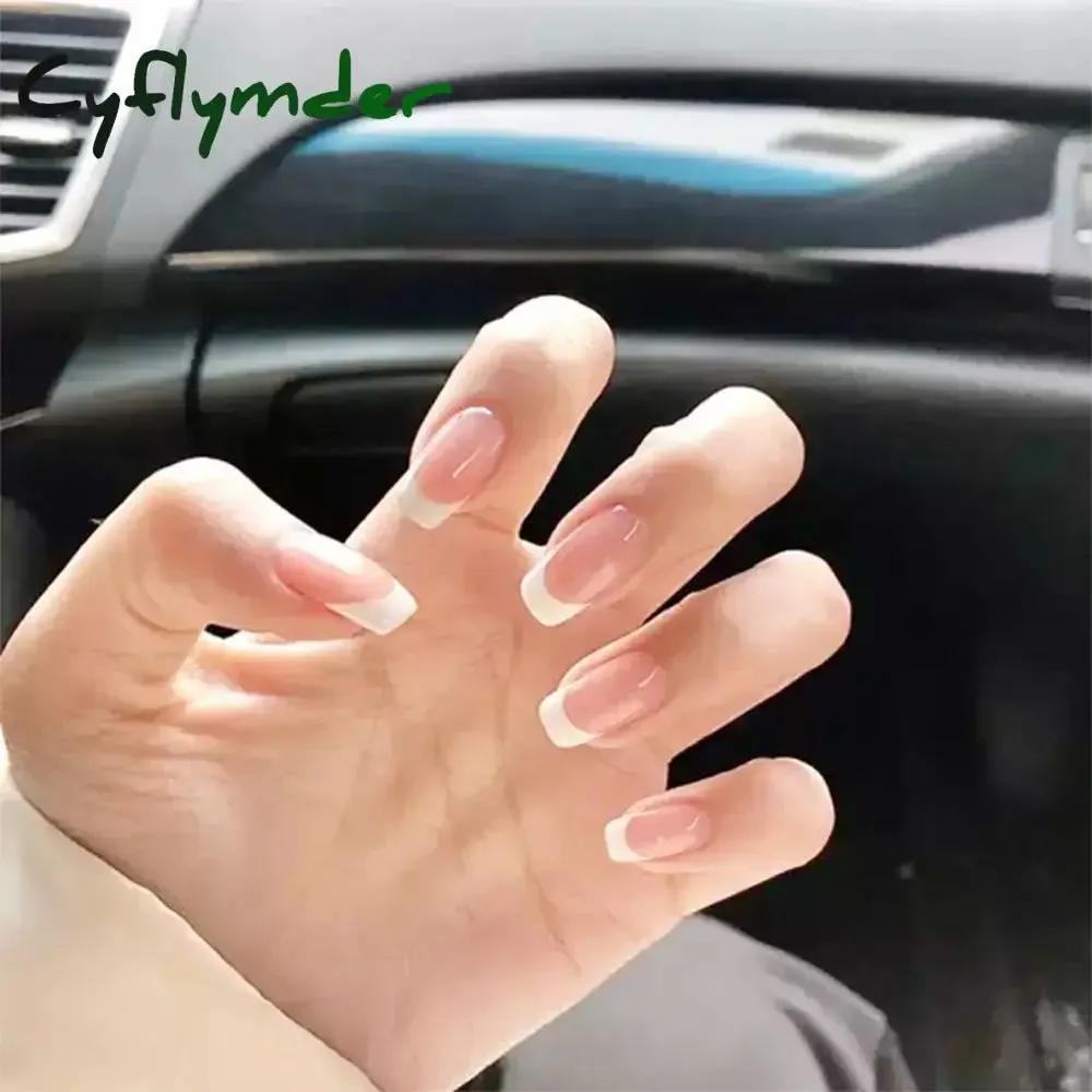 Cyflymder 24Pcs/Set Fake Nails With Glue Full Cover Nail Tips Press On Med Nails DIY Manicure Oval Head False Nails Pink Almond Artificial