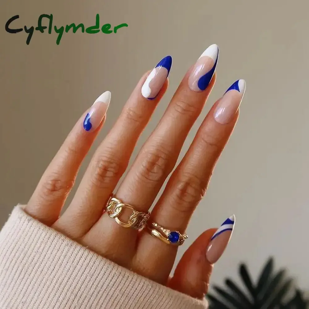 Cyflymder 24Pcs/Set Fake Nails With Glue Full Cover Nail Tips Press On Med Nails DIY Manicure Oval Head False Nails Pink Almond Artificial