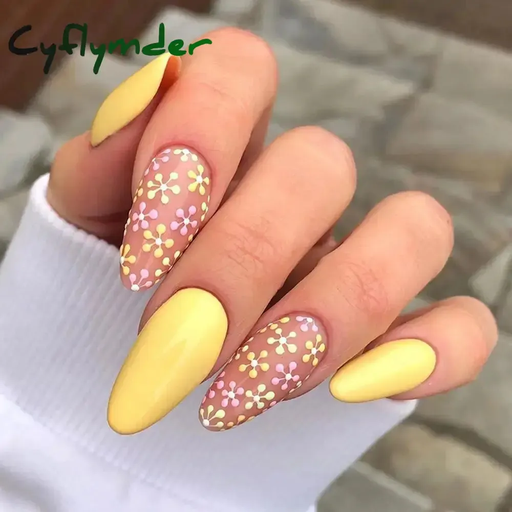 Cyflymder 24Pcs/Set Fake Nails With Glue Full Cover Nail Tips Press On Med Nails DIY Manicure Oval Head False Nails Pink Almond Artificial