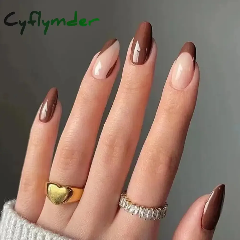 Cyflymder 24Pcs/Set Fake Nails With Glue Full Cover Nail Tips Press On Med Nails DIY Manicure Oval Head False Nails Pink Almond Artificial