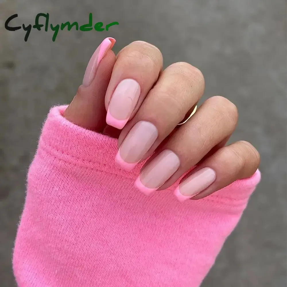 Cyflymder 24Pcs/Set Fake Nails With Glue Full Cover Nail Tips Press On Med Nails DIY Manicure Oval Head False Nails Pink Almond Artificial