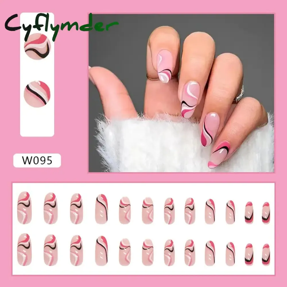 Cyflymder 24Pcs/Set Fake Nails With Glue Full Cover Nail Tips Press On Med Nails DIY Manicure Oval Head False Nails Pink Almond Artificial
