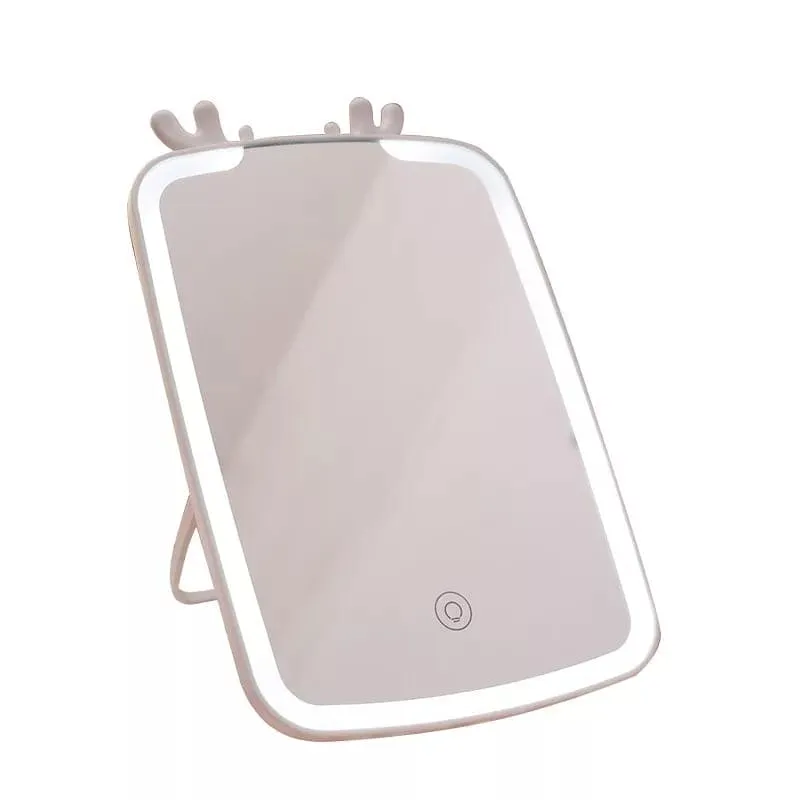 Deer Led Desktop Mirror, Lighted Rechargeable Makeup Mirror, Brightness Adjustable USB Rechargeable Travel Portable Light up Mirror, Touch Screen LED Vanity Mirror