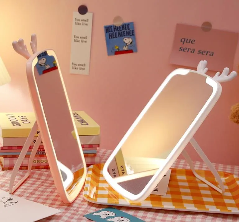 Deer Led Desktop Mirror, Lighted Rechargeable Makeup Mirror, Brightness Adjustable USB Rechargeable Travel Portable Light up Mirror, Touch Screen LED Vanity Mirror