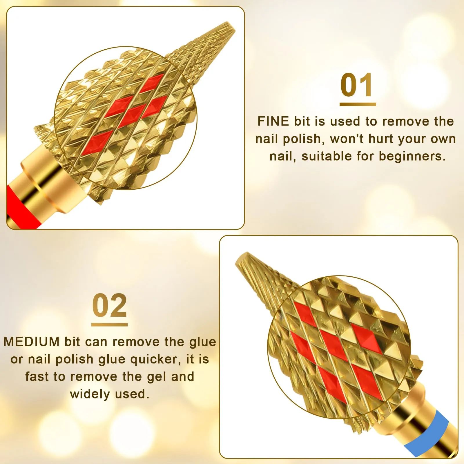 Diesisa 2 Pack Nail Drill Bits for Acrylic Nails, 3/32" Shank Drill Bits for Nails Professional Electric Nail Drill Bits for Home Salon/Fine Medium Nail Bits - Nib-Gold