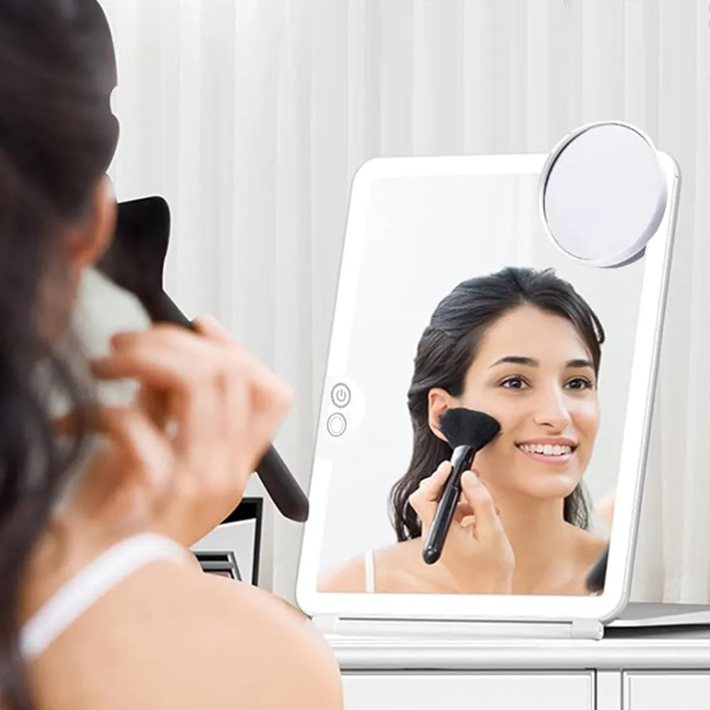 Dimming Folding Lighted Makeup Mirror Rechargeable Vanity Mirror with 10X Magnifying Mirror Whtie