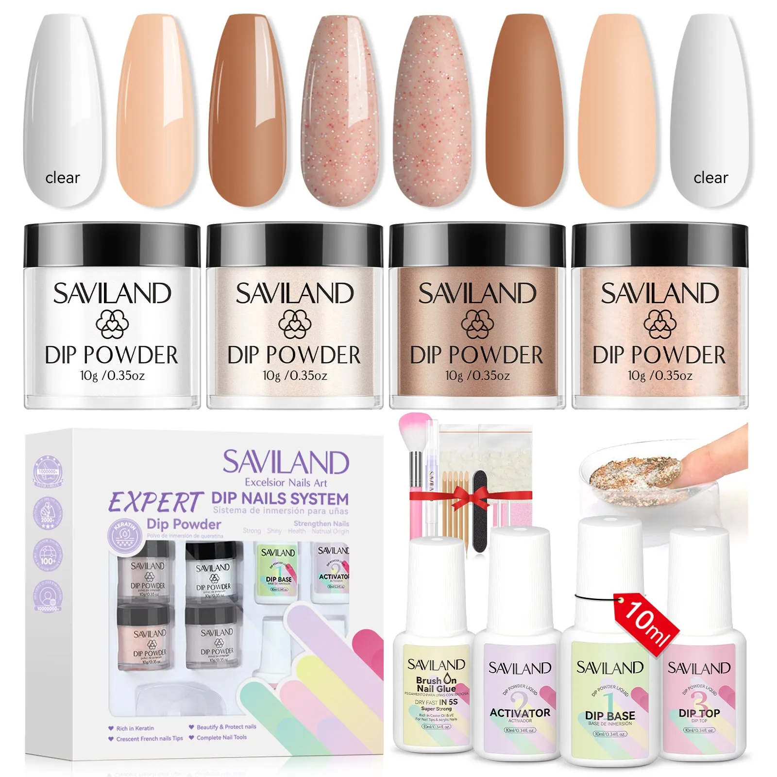 Dip Powder Nail Kit - French Nail Starter Set: 12pcs Clear Nudes Glitter Dipping Powder