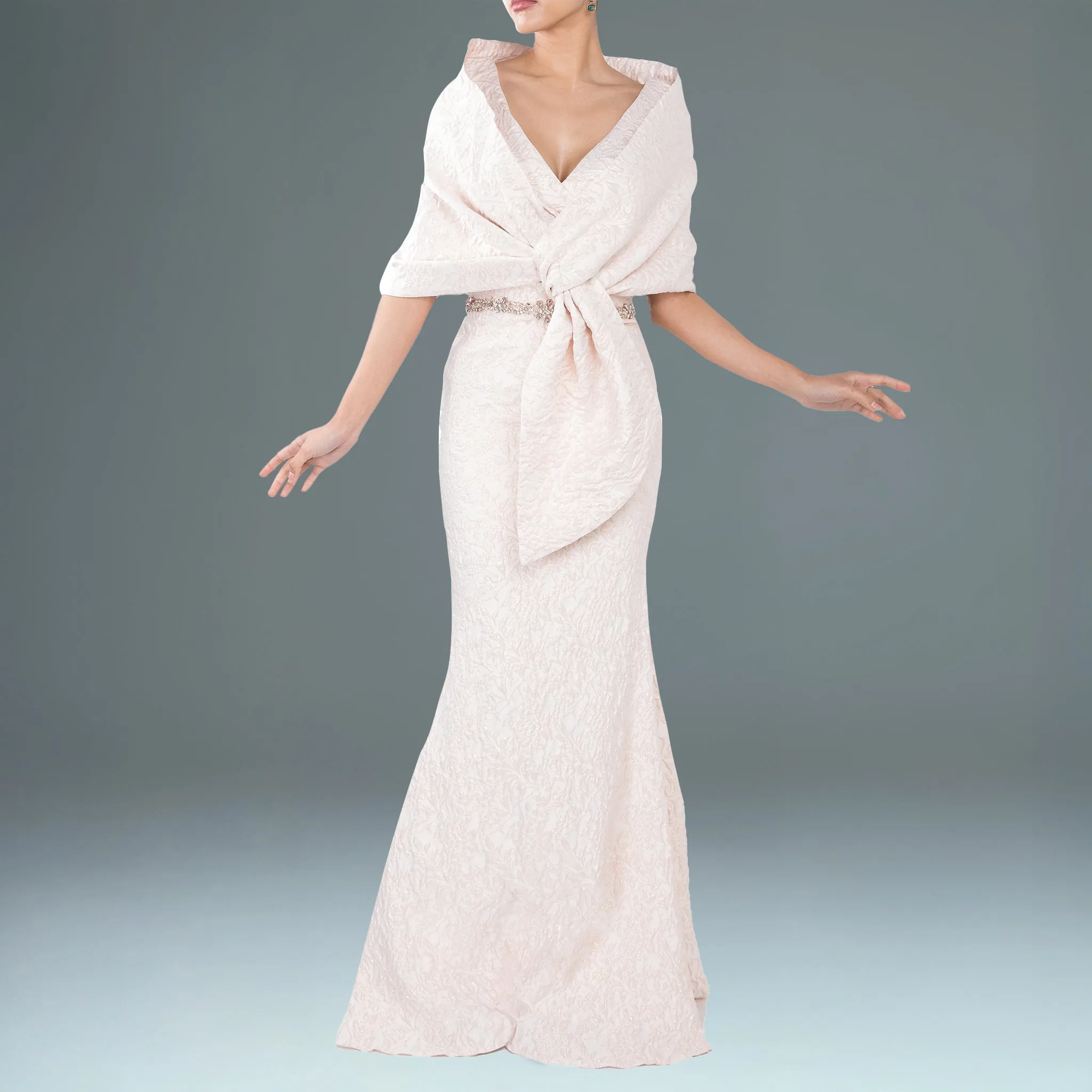 Draped off Shoulder Stretch 
Jacquard Gown