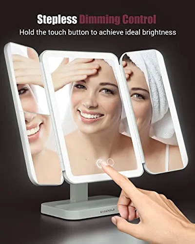 EASEHOLD Lighted Makeup Mirror, Rechargeable 5000 mAh Li-ion Battery Shell Vanity Mirror with 3-Sided Light, 116pcs LEDs, No Hand Shadow, 5X Brightness Than Other Mirrors, Adjustable Brightness