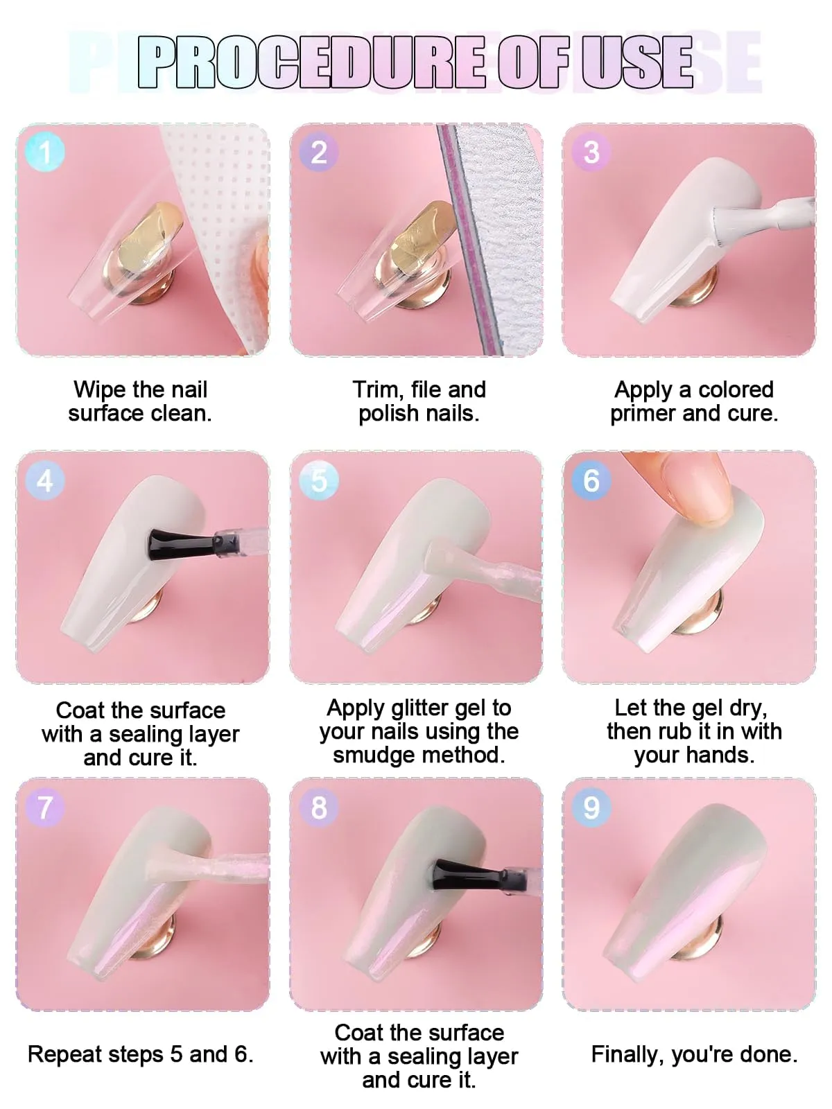 EBANKU 6 Colors Pearl Gel Nail Polish Set 2 In 1 Glitter Gel Top Coat Pink Purple Blue Gold Shimmer Mermaid Effect, Gel Polish Soak Off UV Gel Included White Black Color Gel & Glossy Matte Top Coat