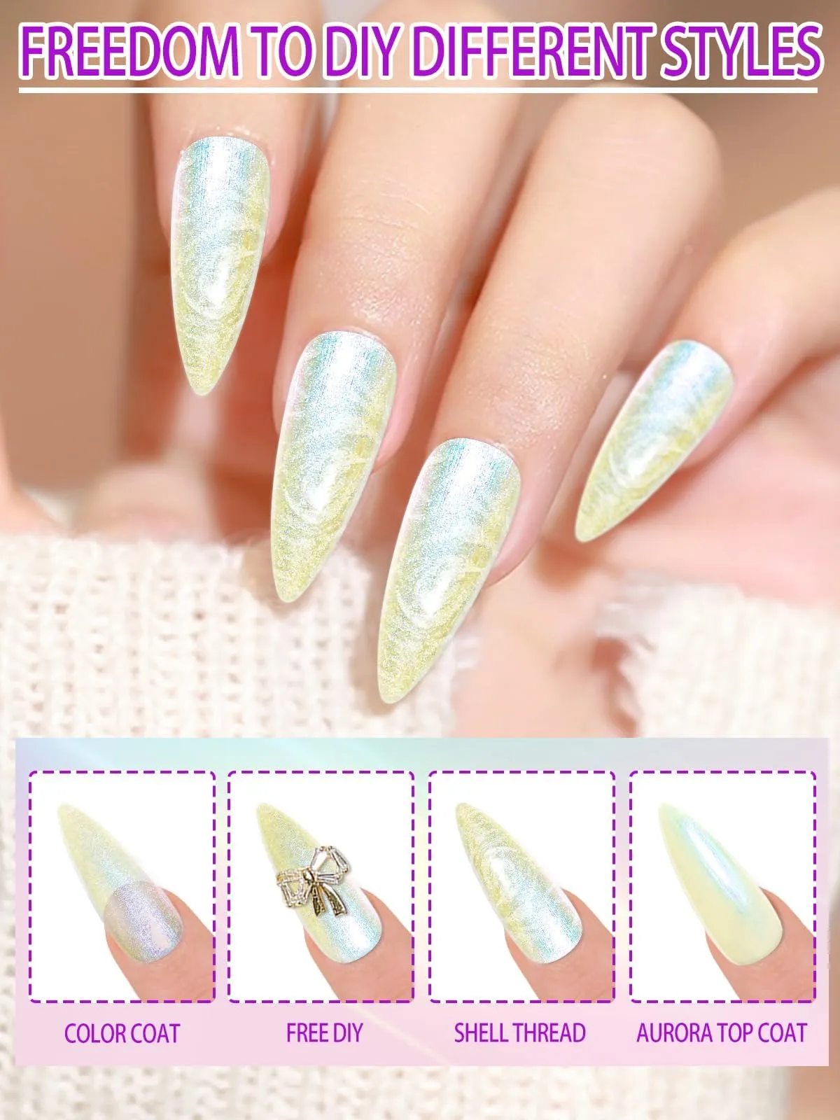 EBANKU 6 Colors Pearl Gel Nail Polish Set 2 In 1 Glitter Gel Top Coat Pink Purple Blue Gold Shimmer Mermaid Effect, Gel Polish Soak Off UV Gel Included White Black Color Gel & Glossy Matte Top Coat