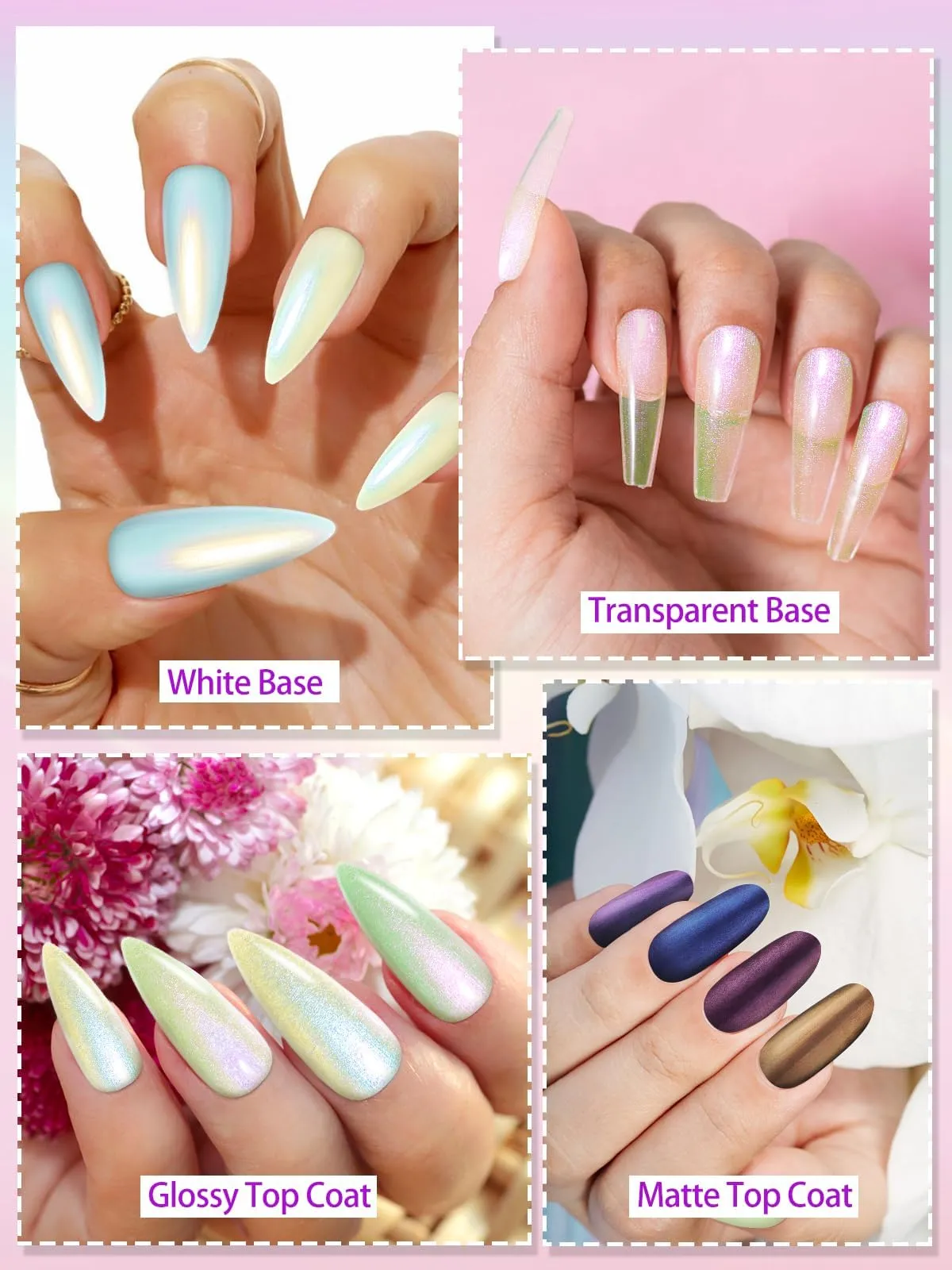 EBANKU 6 Colors Pearl Gel Nail Polish Set 2 In 1 Glitter Gel Top Coat Pink Purple Blue Gold Shimmer Mermaid Effect, Gel Polish Soak Off UV Gel Included White Black Color Gel & Glossy Matte Top Coat