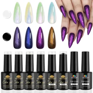 EBANKU 6 Colors Pearl Gel Nail Polish Set 2 In 1 Glitter Gel Top Coat Pink Purple Blue Gold Shimmer Mermaid Effect, Gel Polish Soak Off UV Gel Included White Black Color Gel & Glossy Matte Top Coat